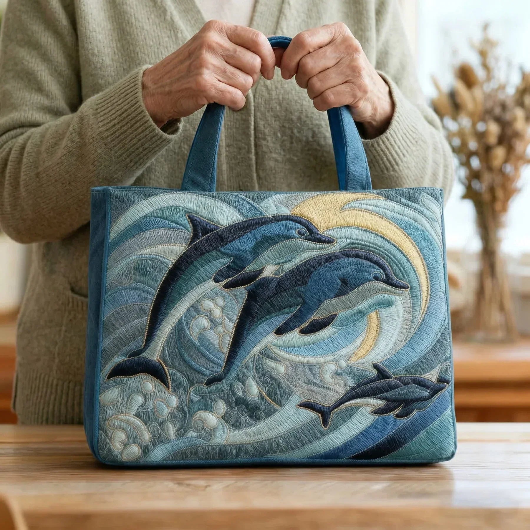 Sac à main Juliette en style décontracté fait main par Danoir Paris, avec motif paysage en toile de 38x35 cm.