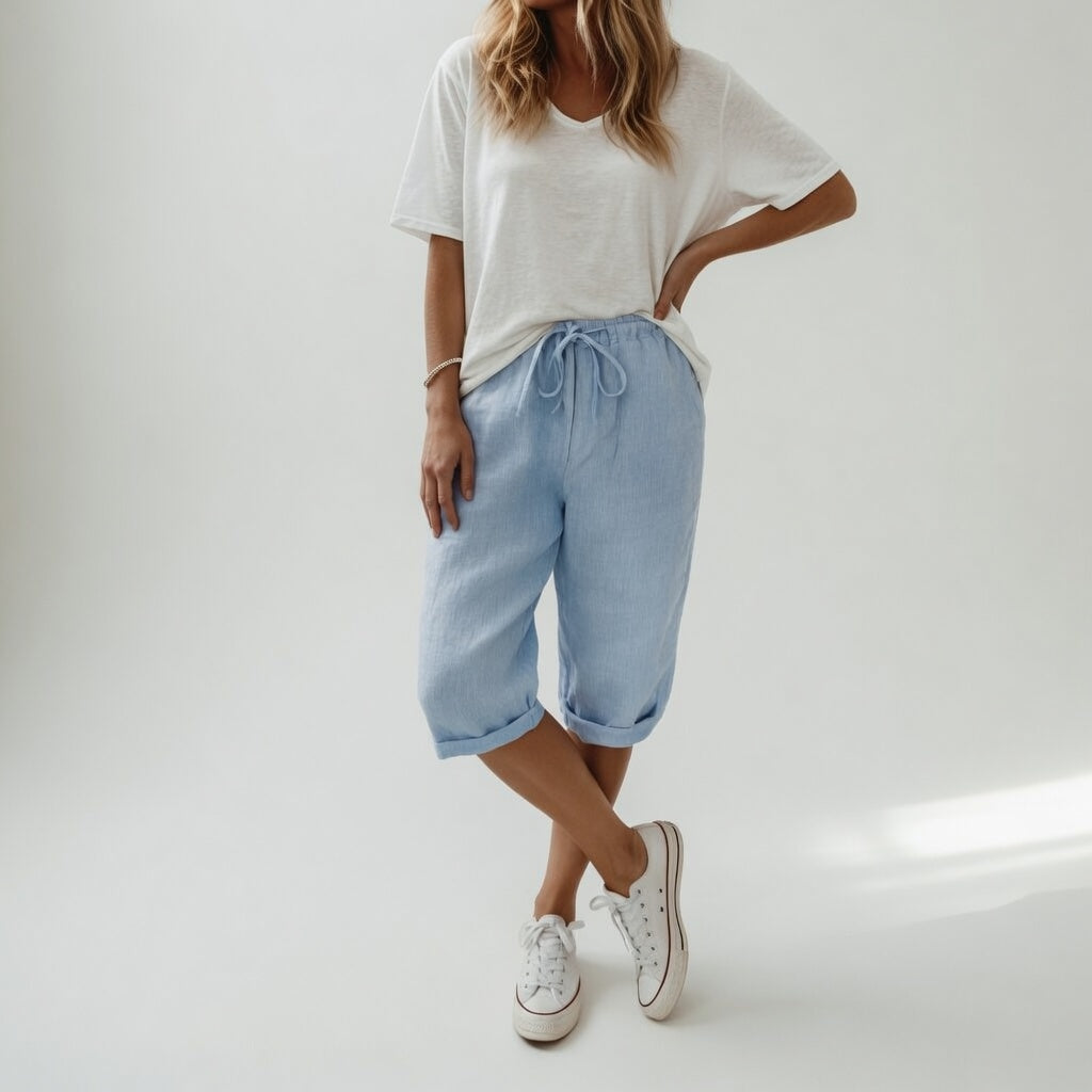 Pantalon bermuda Fernande™ pour femmes, 100 % coton, style décontracté estival, Danoir Paris, couleur kaki, taille 36-38.