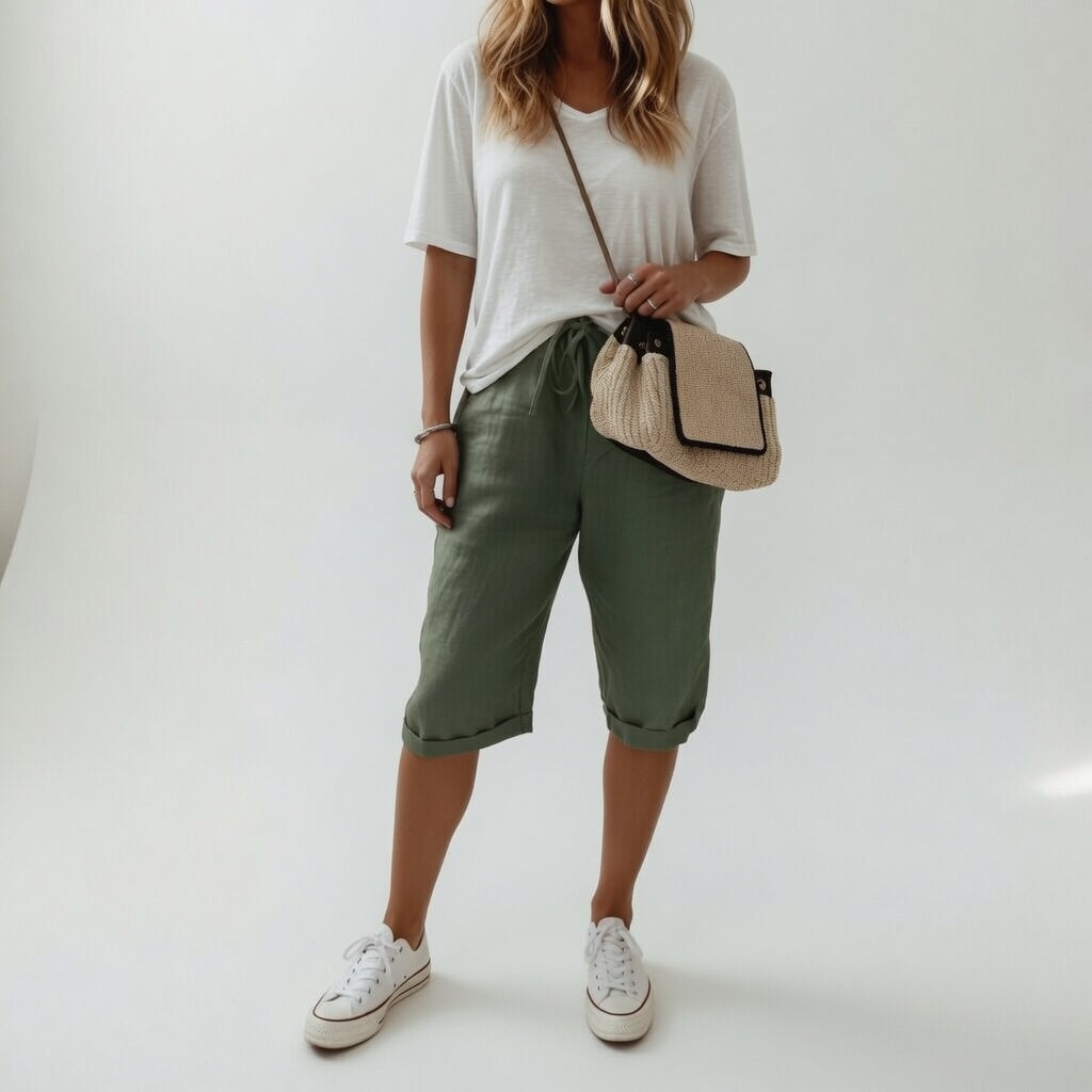 Pantalon Bermuda décontracté Fernande™ pour femmes en coton, style estival, couleur kaki, taille 36-38, marque Danoir Paris.
