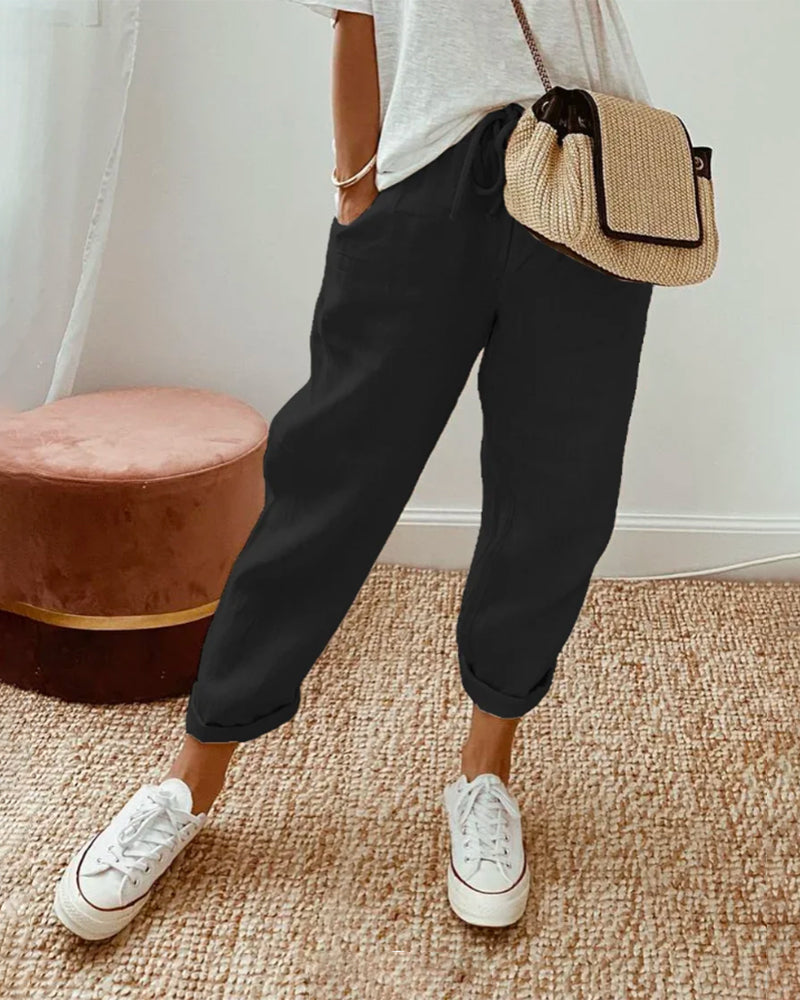 Pantalon fluide beige Lucie™ en mélange coton et lin, de Danoir Paris, avec coupe confortable et matière légère.