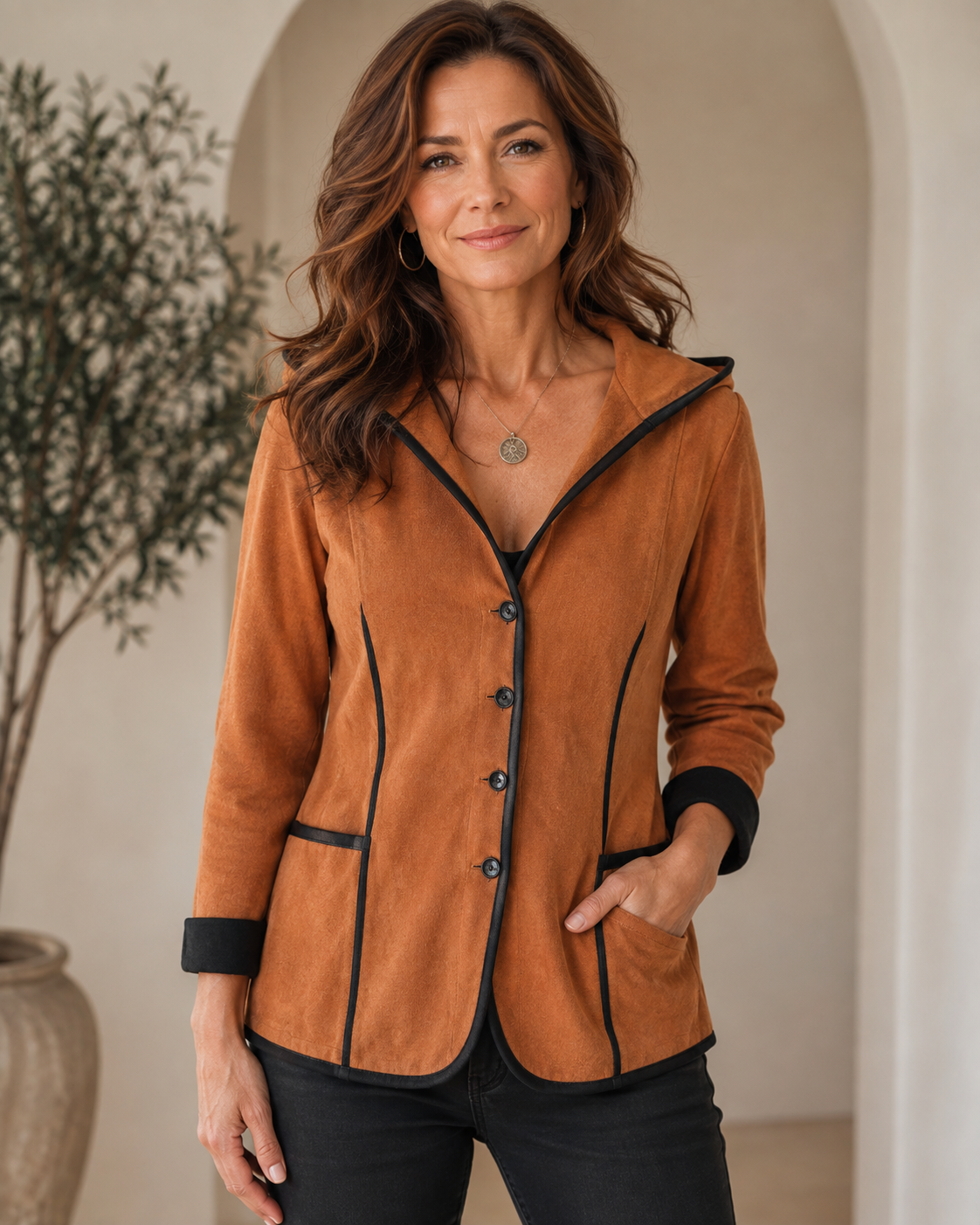 Pantalon marron Danoir Paris, style élégant avec détails modernes, porté avec la veste Emilia à capuche.