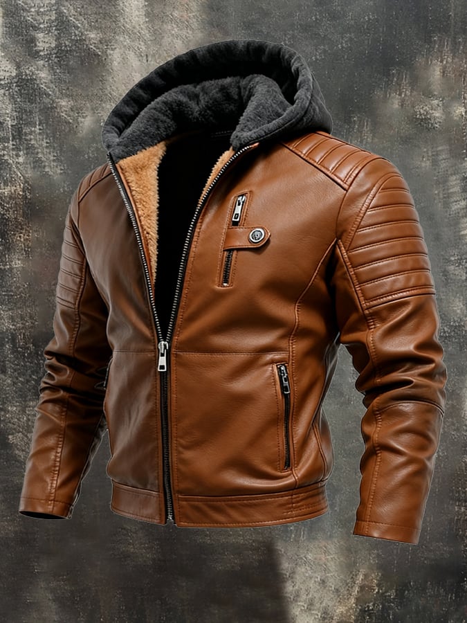 Veste zippée effet cuir à capuche doublée de Danoir Paris, style camel, pour homme, en tissu doublé confortable.