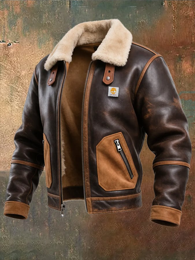 Veste chaude en cuir brun Maison Clément Paris™ avec col sherpa, fabriquée par Danoir Paris, tenue élégante et confortable.