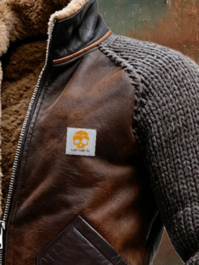Veste en cuir et maille Danoir Paris avec doublure Sherpa chaude, style élégant et confortable, vue de face.