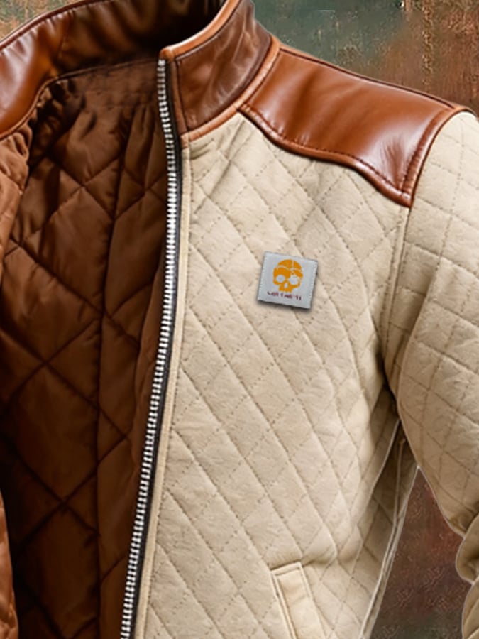Veste matelassée beige Danoir Paris avec empiècements en cuir, style élégant et moderne pour femme.