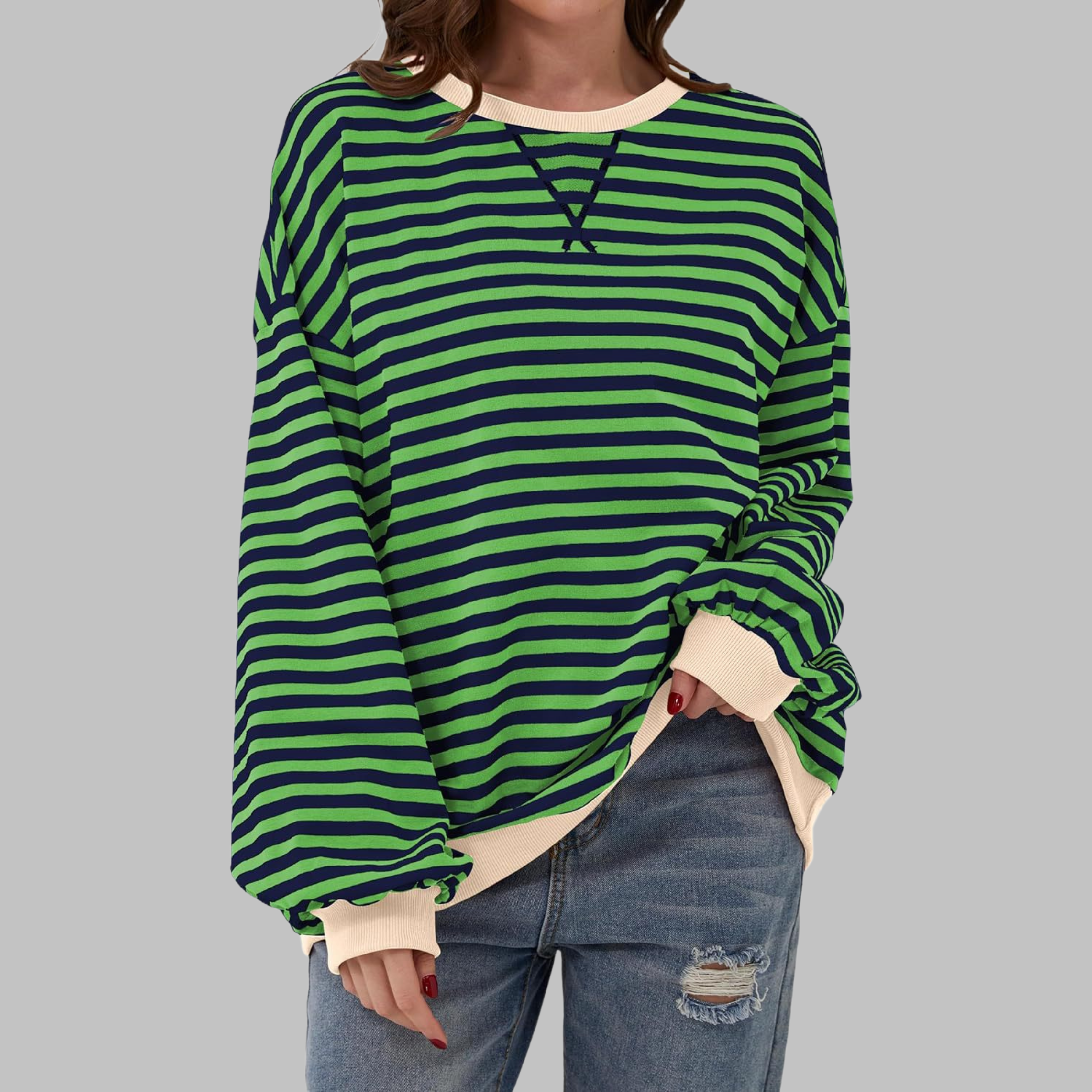 Sweatshirt à manches longues et col rond Danoir Paris Luka, rayures roses, look décontracté, mode confortable pour femme.