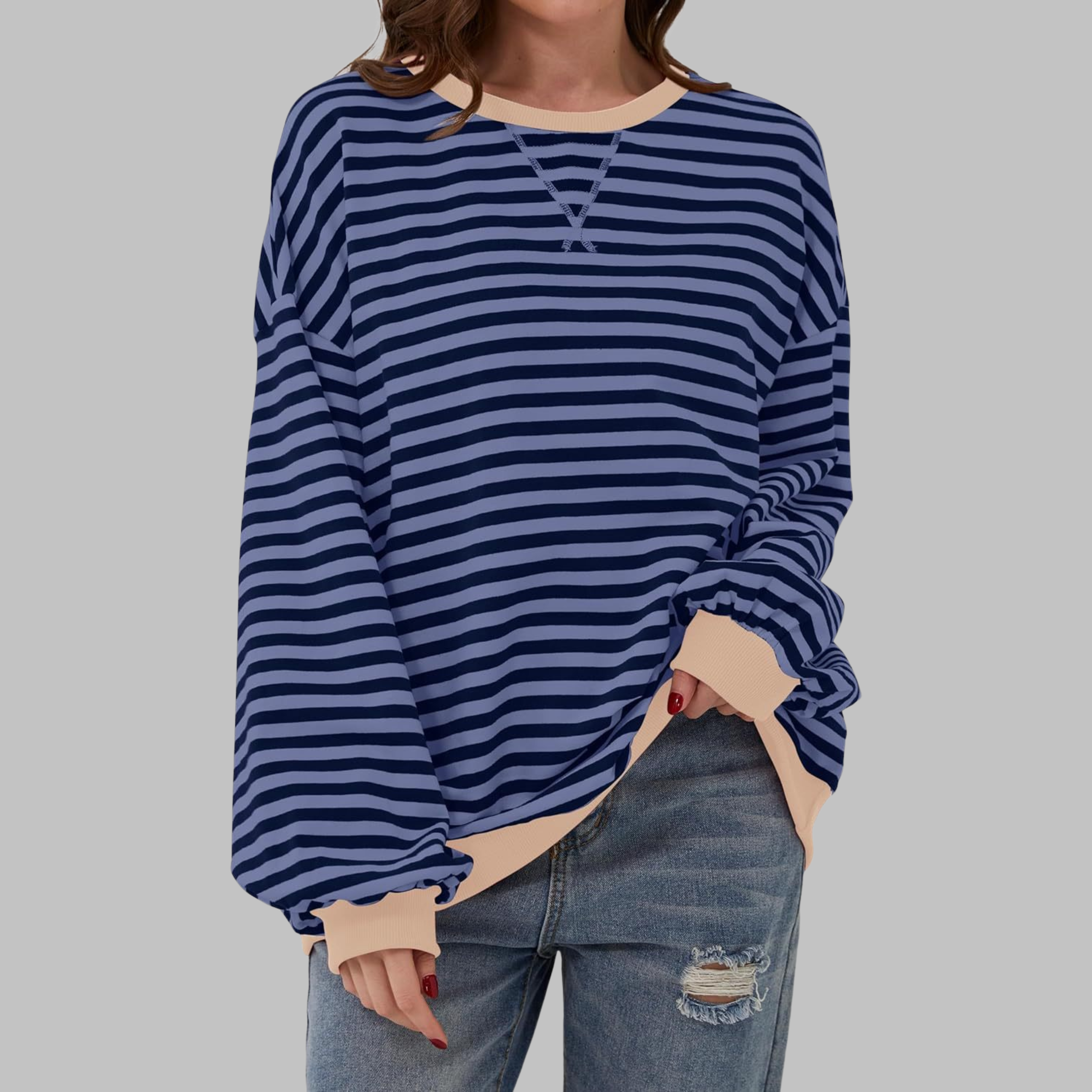 Sweat-shirt à manches longues et ronde avec rayures roses, marque Danoir Paris, style décontracté, col rond, pour femme.
