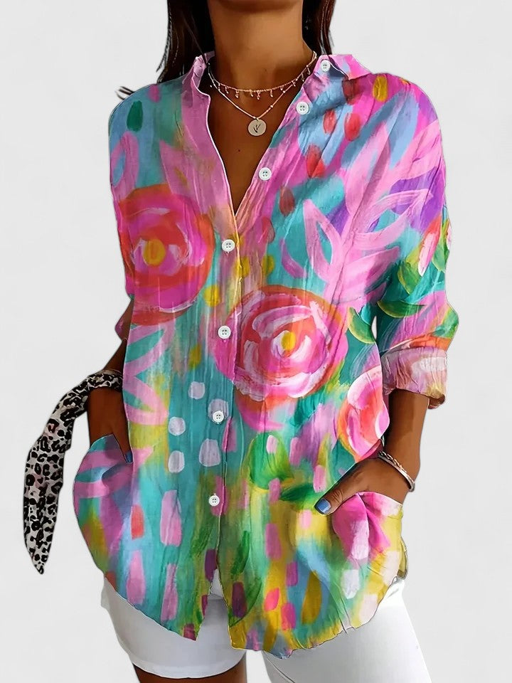Chemise à boutons Anita de Danoir Paris en rose, coupe élégante et tissu léger, portée ouverte ou fermée.