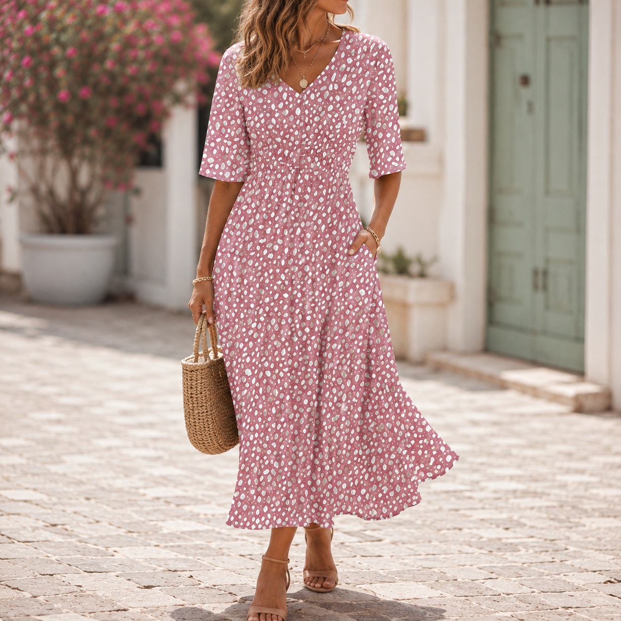 Robe midi élégante Danoir Paris Francesca rose avec design dissimulant le ventre, tissu fluide et style sophistiqué.