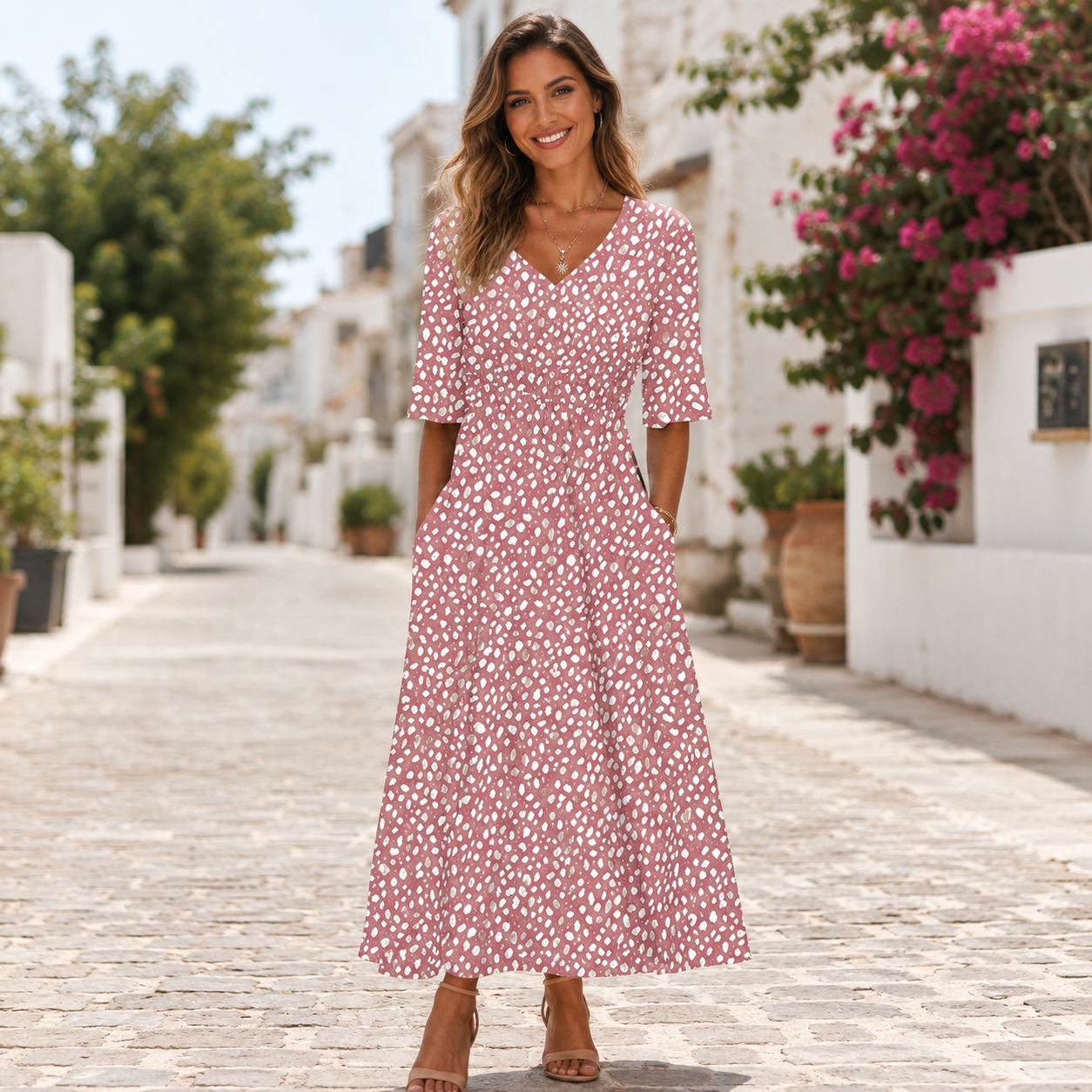 Robe midi élégante rose Danoir Paris Francesca avec design cache-ventre, tissu fluide et coupe sophistiquée.