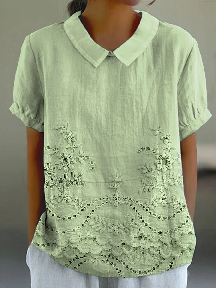 Chemise rose Danoir Paris Lily avec broderie florale, tissu léger et élégant, vue de l'avant.