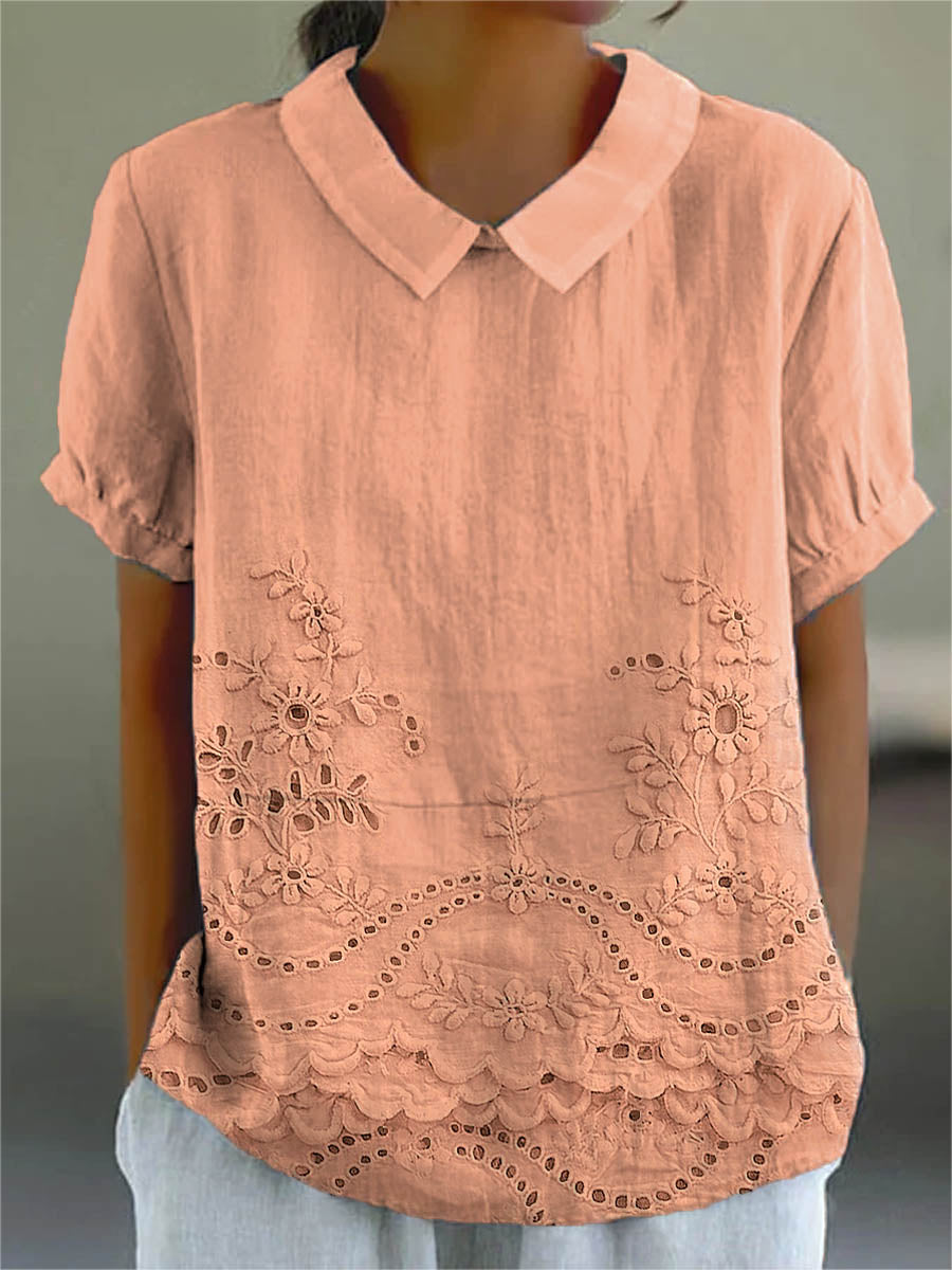 Chemise rose Lily de Danoir Paris avec broderie florale, manches longues, tissu léger et élégant.