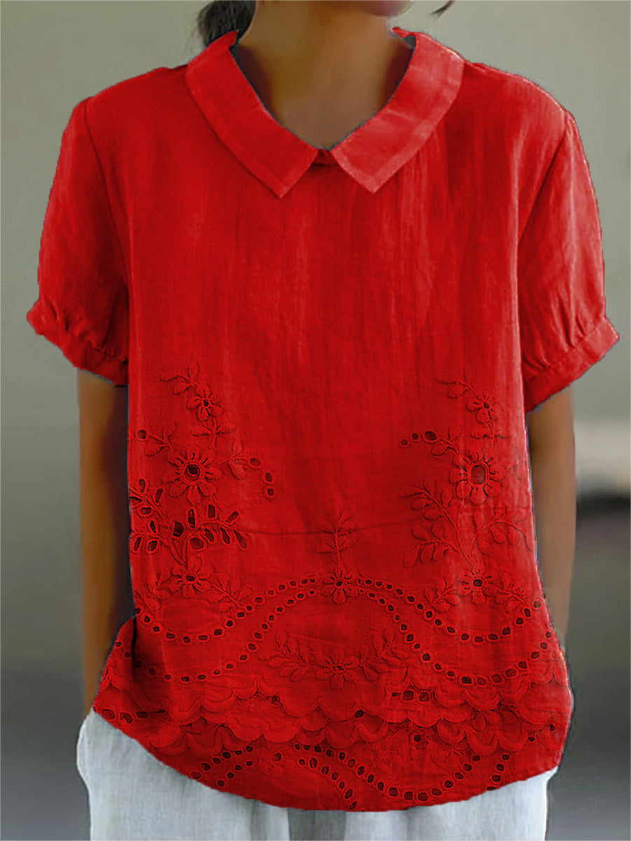 Chemise Lily en coton rose avec broderie florale colorée, signée Danoir Paris, portée sur mannequin.
