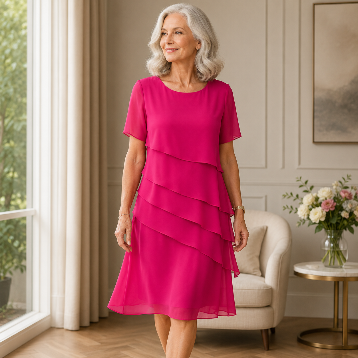 Robe Linda élégante de Danoir Paris avec volants roses, coupe confortable, idéale pour une allure chic et raffinée.