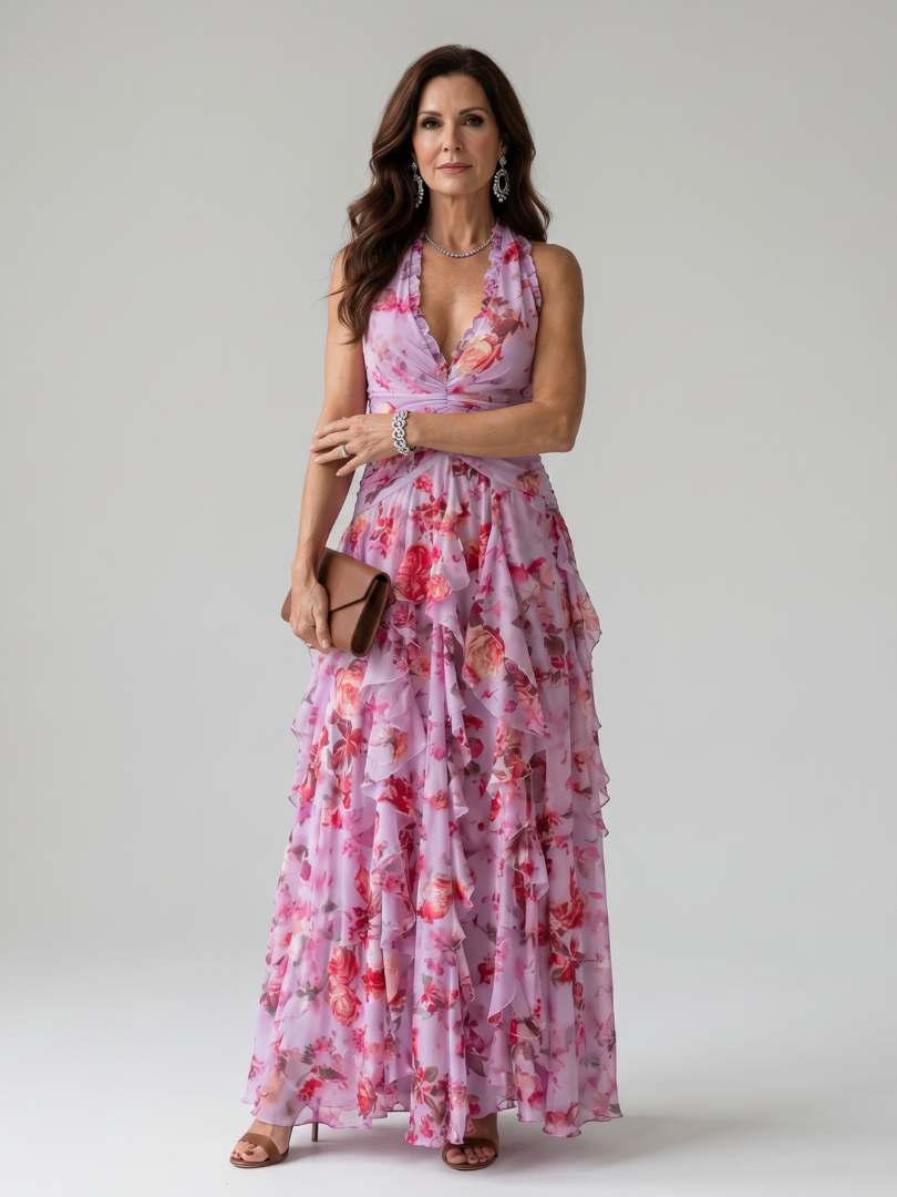 Robe maxi florale rose Danoir Paris avec col halter, corsage froncé et design élégant pour femme.