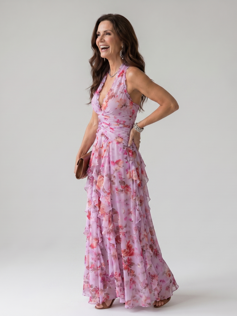 Robe longue florale rose Danoir Paris Nori avec col halter, corsage froncé et design élégant, portée sur un mannequin.