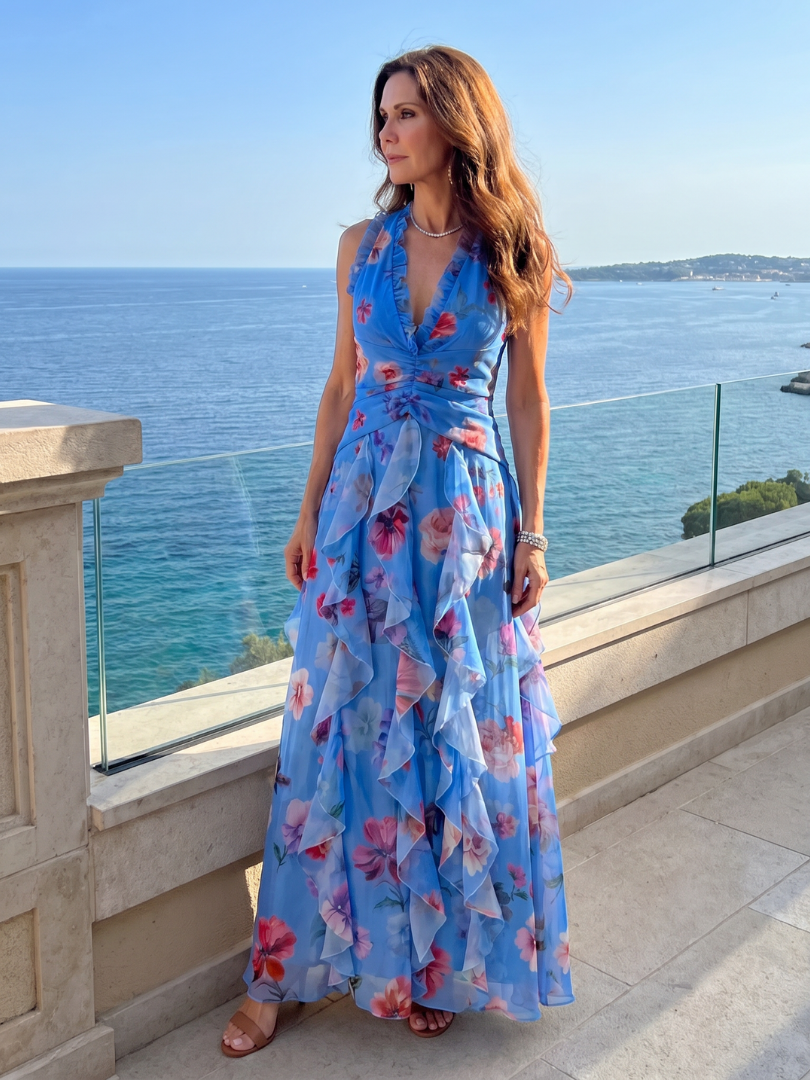 Robe longue fleurie Danoir Paris Nori avec col halter, corsage froncé et détails floraux, en tissu léger rose.