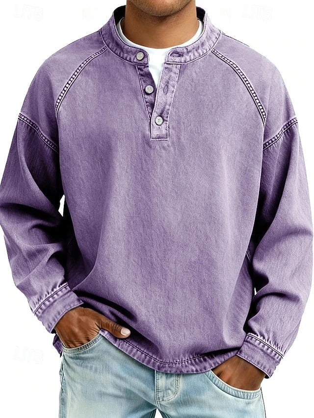 Chemise à manches longues Amir en denim lavé Danoir Paris, couleur violette, style Henley, tissu doux et décontracté.