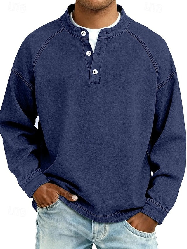 Chemise à manches longues Amir de Danoir Paris, tissu délavé violet, style Henley, détail élégant et confortable.