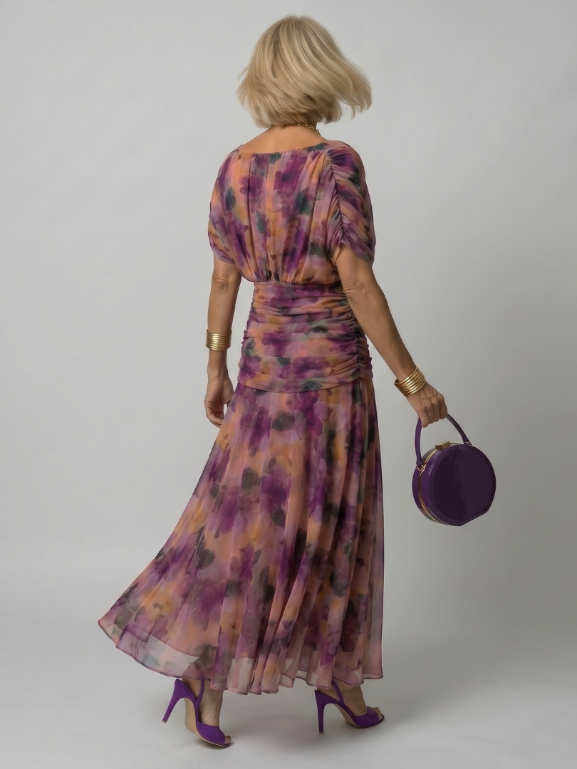Robe midi fluide violette Danoir Paris, décolletée épaules découvertes, style élégant et féminin.