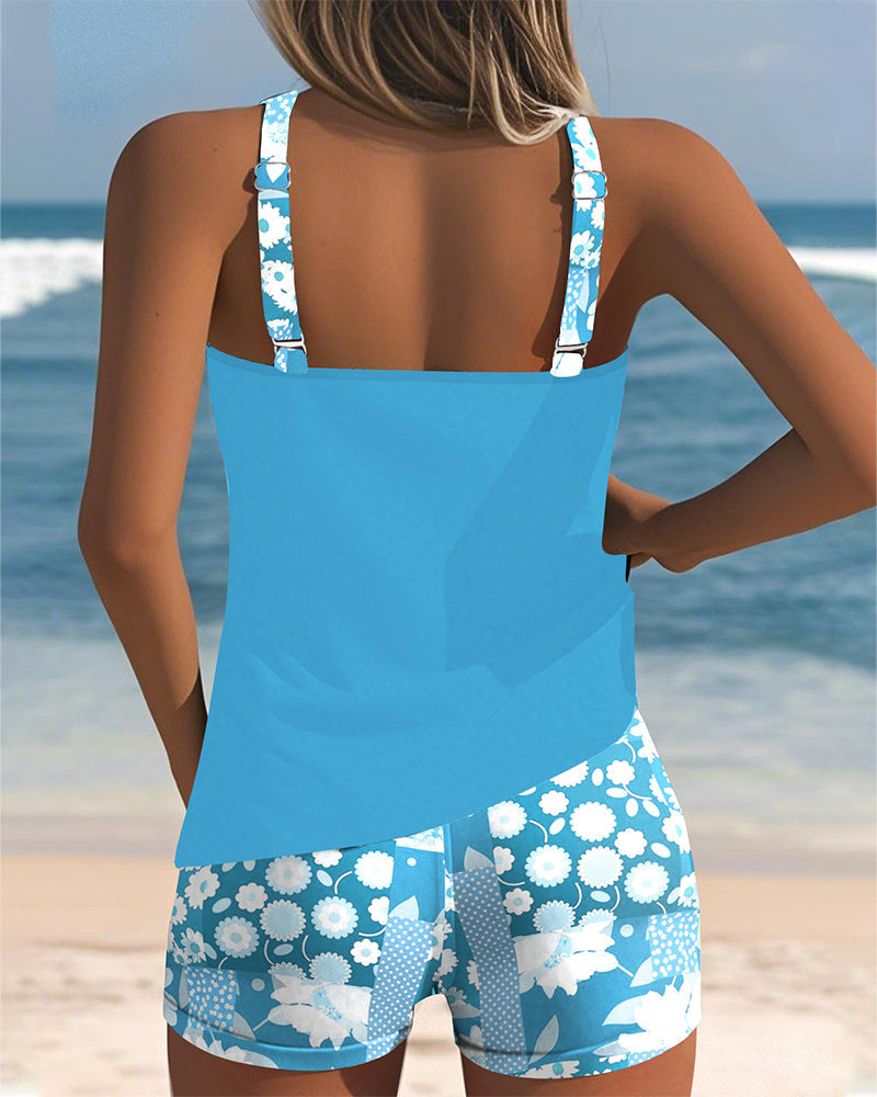 Ensemble de shorts tankini imprimés Danoir Paris pour femme, couleur violette, avec haut et bas assortis, style tendance.