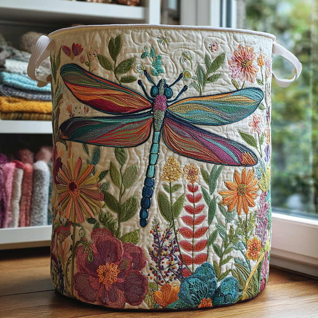 Panier à linge matelassé Danoir Paris Dragonfly Garden, petit panier à linge en tissu rembourré avec motif libellule.