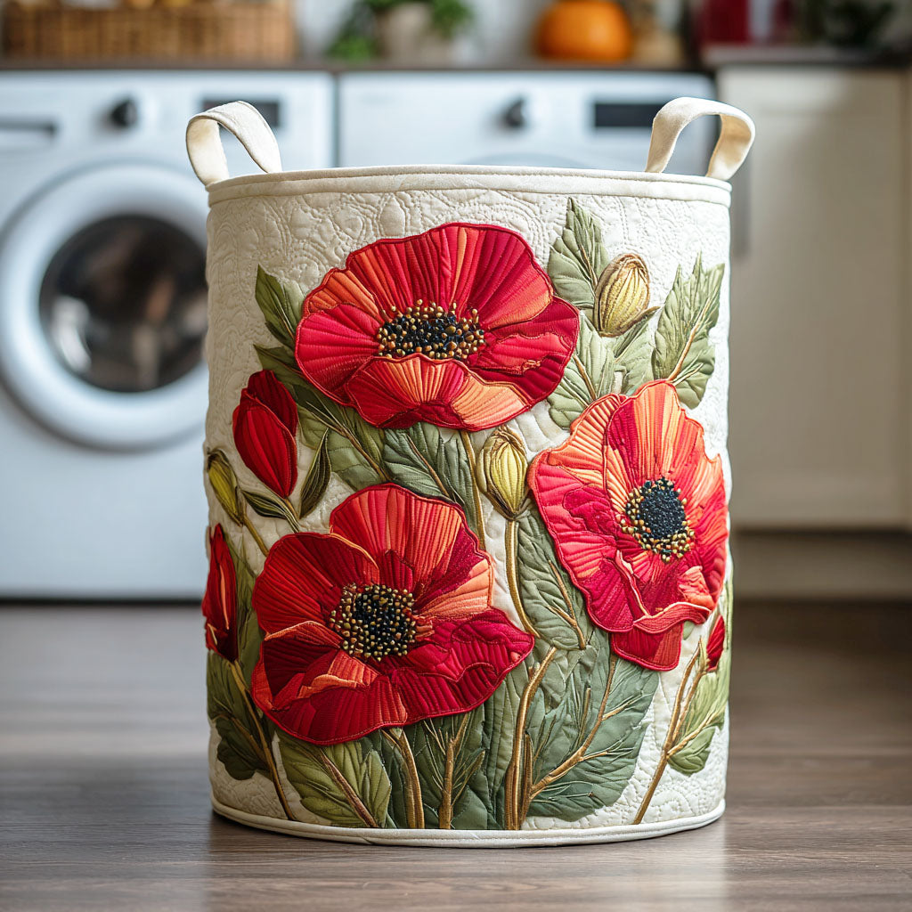 Panier à linge matelassé Danoir Paris Scarlet Poppy Dream, petit panier à linge en tissu quilté rouge avec motif floral.