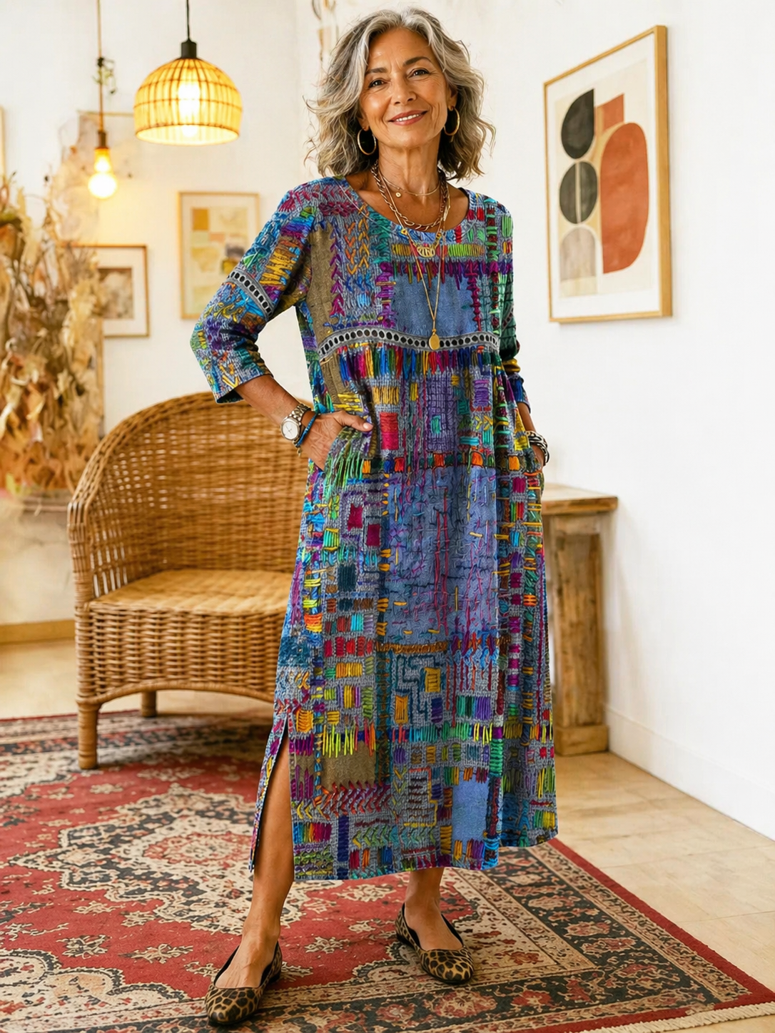 Robe imprimée Manuela de Danoir Paris avec patchwork ethnique, tissu coloré et détails modernes, portée sur mannequin.