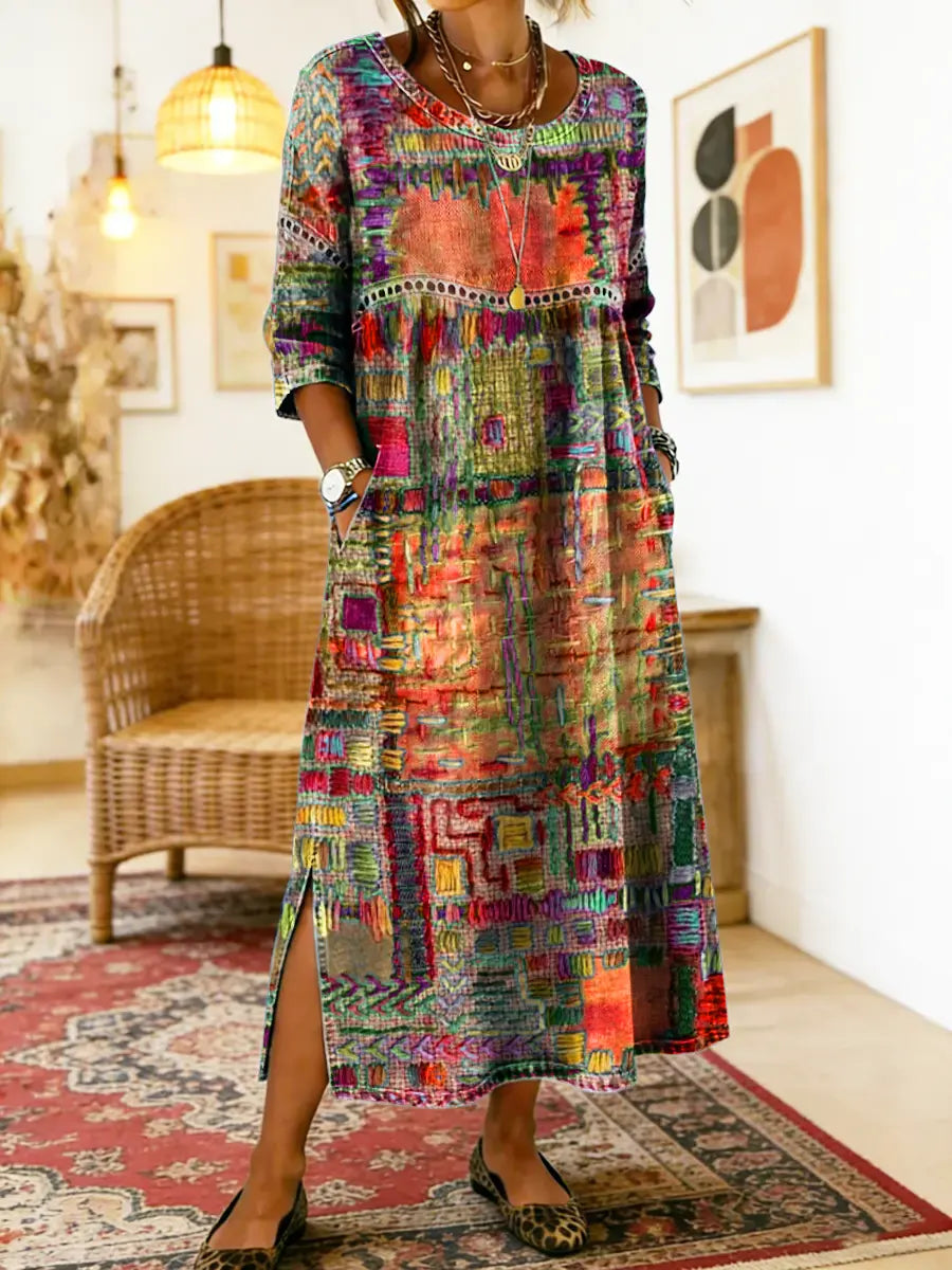 Robe imprimée Manuela de Danoir Paris avec patchwork ethnique, tissu coloré et détails élégants, portée sur mannequin.