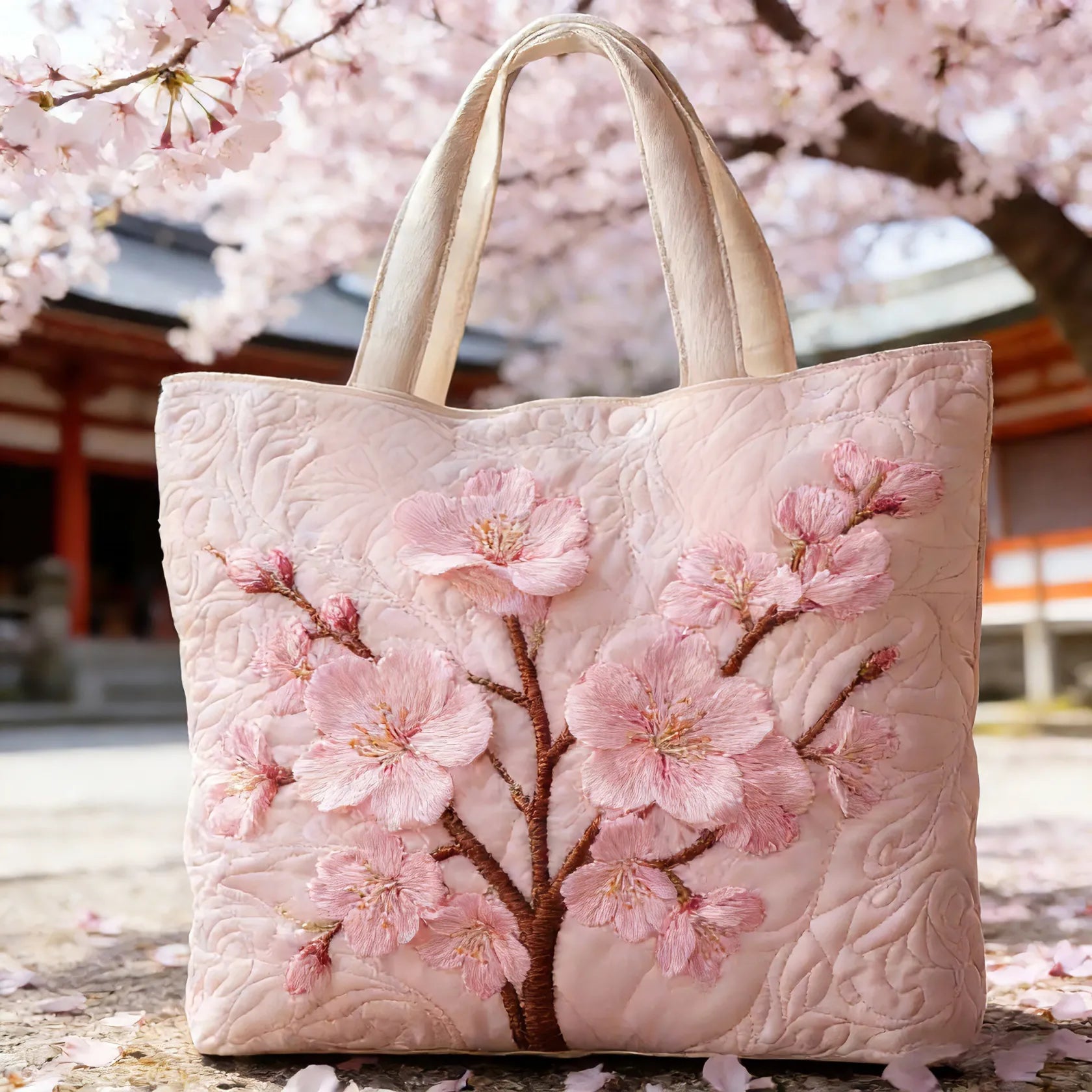 Sac à main tote quilting Blossom Serenity de Danoir Paris, fabriqué à la main, en tissu avec motif floral et finitions élégantes.