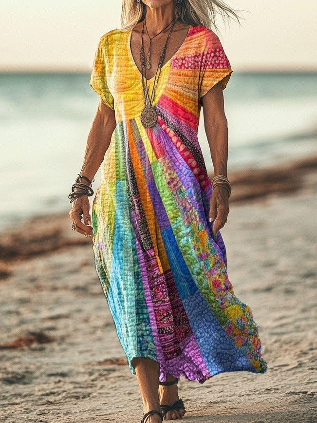 Robe longue Bohémien soleil Danoir Paris avec manches longues et motif floral, style décontracté et élégant.