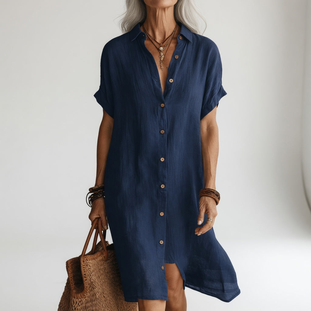 Robe chemise midi respirante Danoir Paris en tissu bleu marine, élégance parisienne, taille 34-36, parfaite pour un style sophistiqué