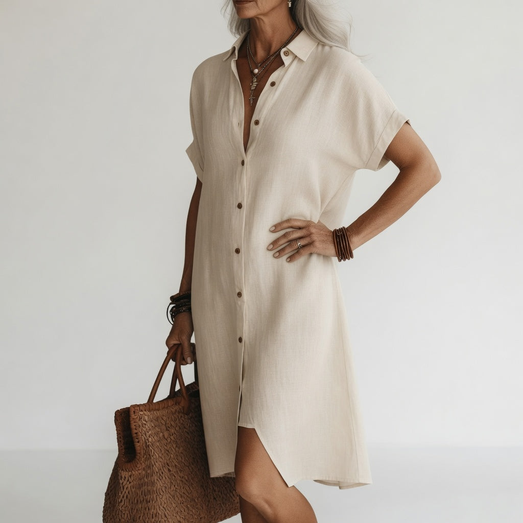 Robe chemise midi respirante Danoir Paris, élégance parisienne, tissu bleu marine, taille 34-36, style chic et confortable.