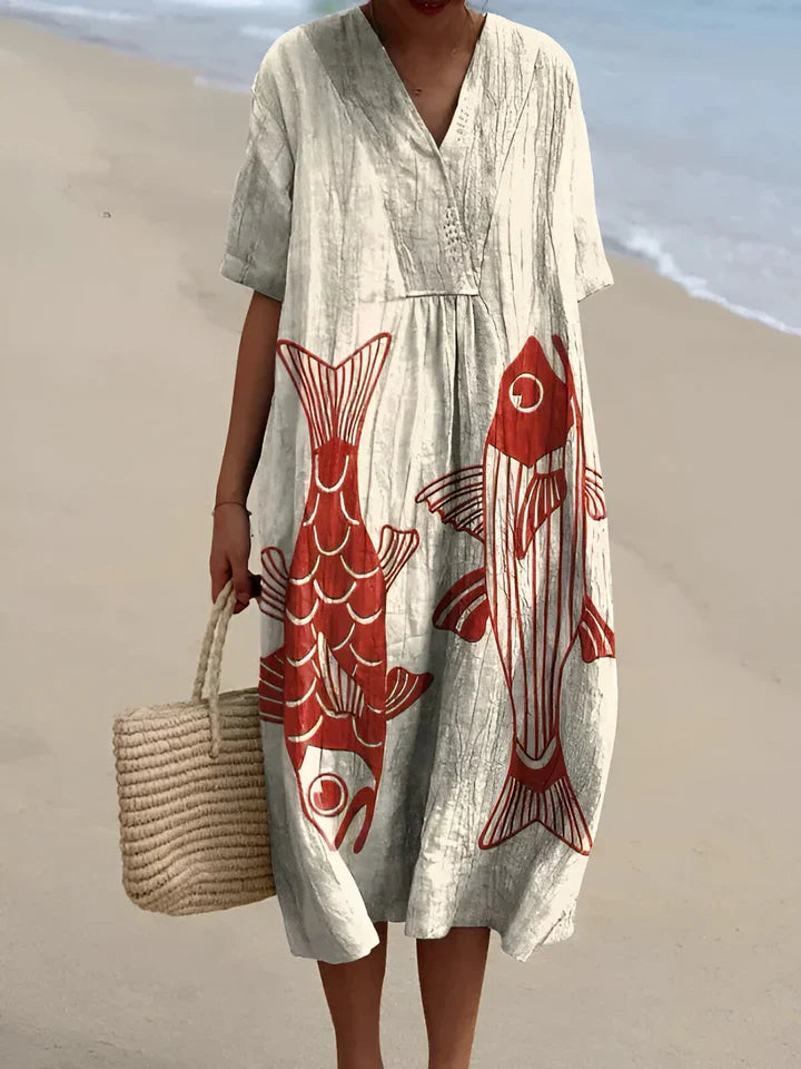 Robe d'été colorée Aleyna de Danoir Paris, robe verte à motifs, parfaite pour la saison estivale, vue portée.
