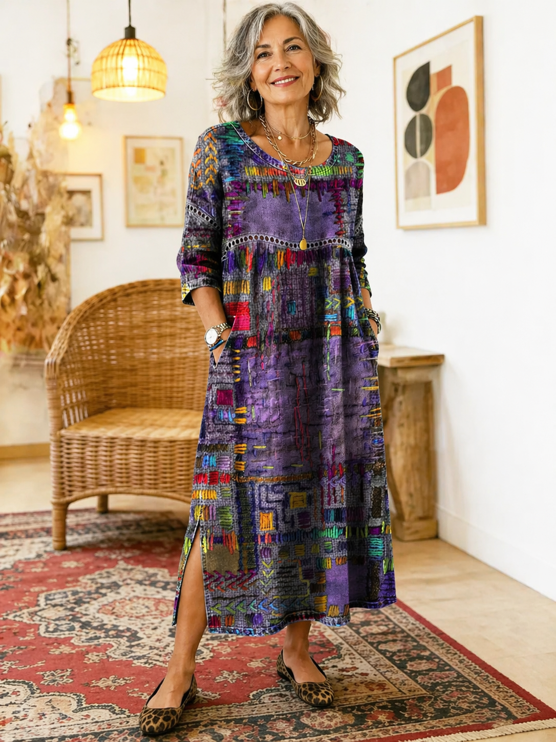 Robe en denim Manuela de Danoir Paris avec patchwork ethnique, couleur rouge, silhouette fluide, détails de couture visibles.
