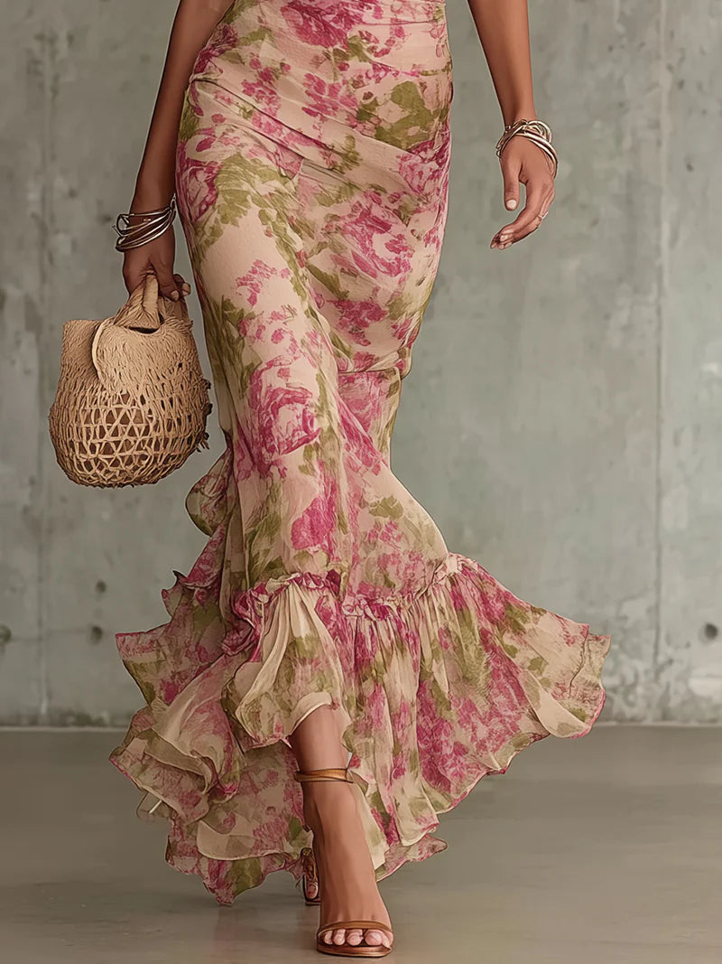 Robe longue Fiora Danoir Paris avec imprimé vintage de roses et manches bouffantes, style élégant et féminin.