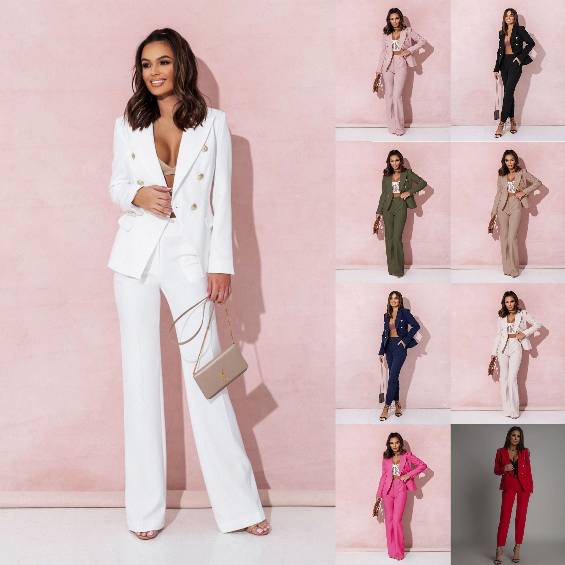 Costume croisé élégant Elvire de Danoir Paris, en tissu rose pâle avec détails sophistiqués, porté par un mannequin.