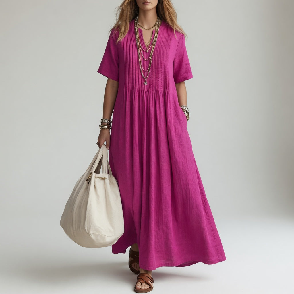 Robe longue en coton Pélagie™ de Danoir Paris, col V, style estival, couleur rose rouge, parfaite pour la liberté estivale.