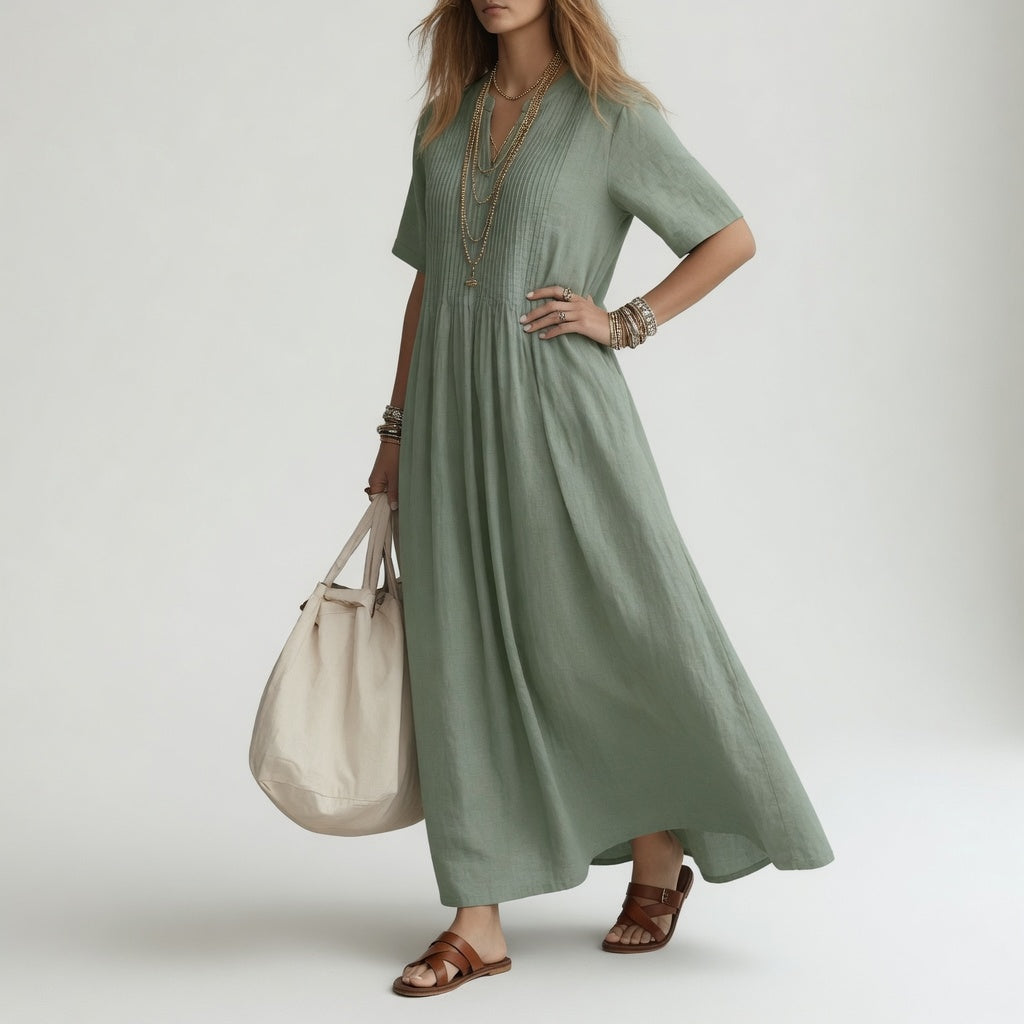 Robe longue en coton Pélagie™ de Danoir Paris, col V, couleur rose rouge, style estival léger et confortable.