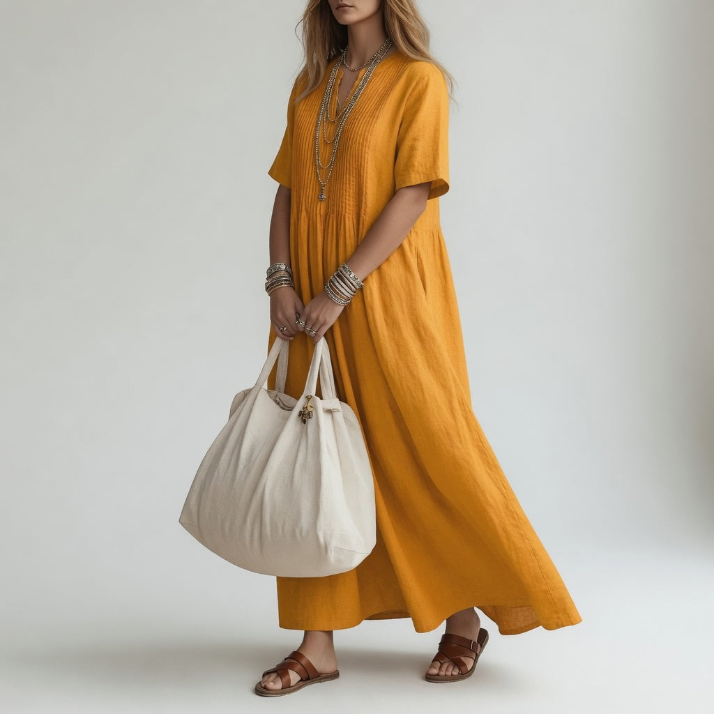 Robe longue en coton Pélagie™ de Danoir Paris, col V, couleur rose rouge, style estival et liberté, portée en été.