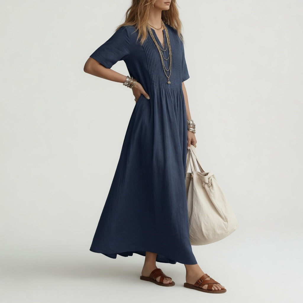 Robe longue en coton Pélagie™ Danoir Paris, col V, couleur rose rouge, style liberté estivale, vêtement féminin léger.