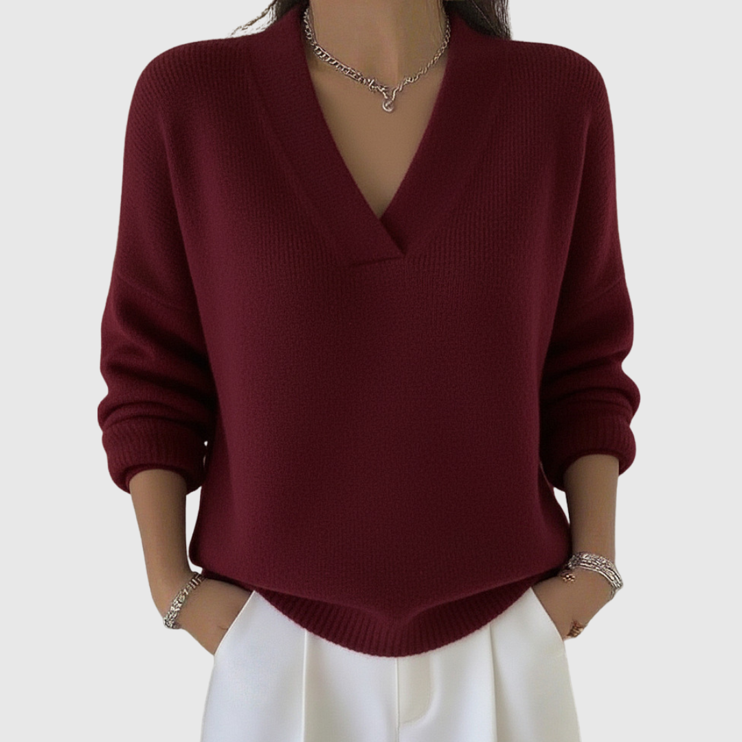 Pull décontracté Danoir Paris Faye en maille douce à col V, coupe relaxée et confortable, couleur rose.