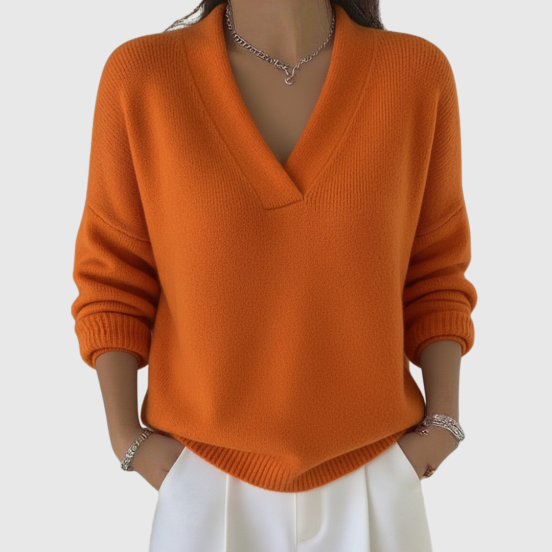 Pull à col V doux Danoir Paris Faye, coupe décontractée, en tissu confortable, couleur rose.
