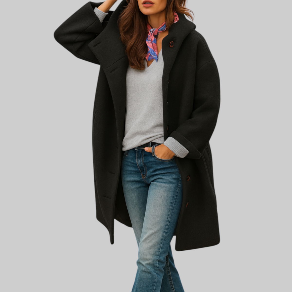 Manteau quotidien Freja de Danoir Paris, longueur moyenne, coupe confortable, en tissu rose doux.