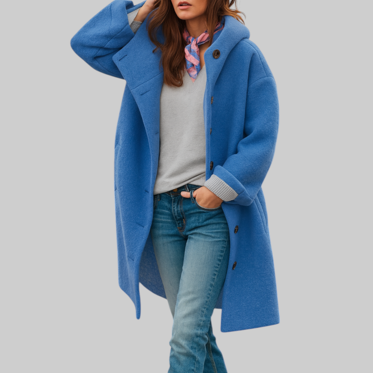 Manteau quotidien Danoir Paris Freja, longueur moyenne, coupe confortable, en tissu rose, porté dans un style décontracté.