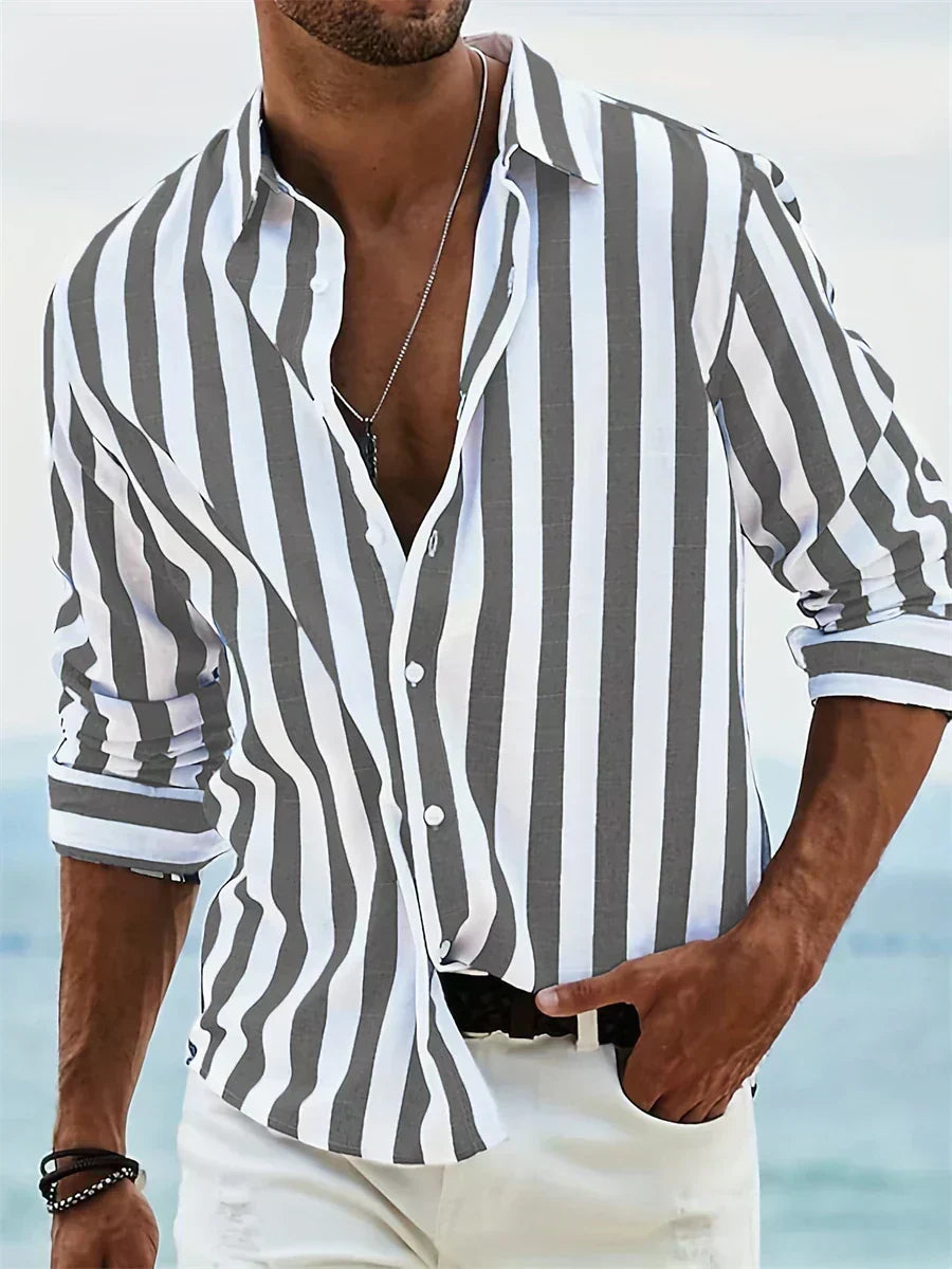 Chemise rayée légère d'été Leblanc™ de Danoir Paris, tissu respirant avec rayures roses et blanches, style décontracté.