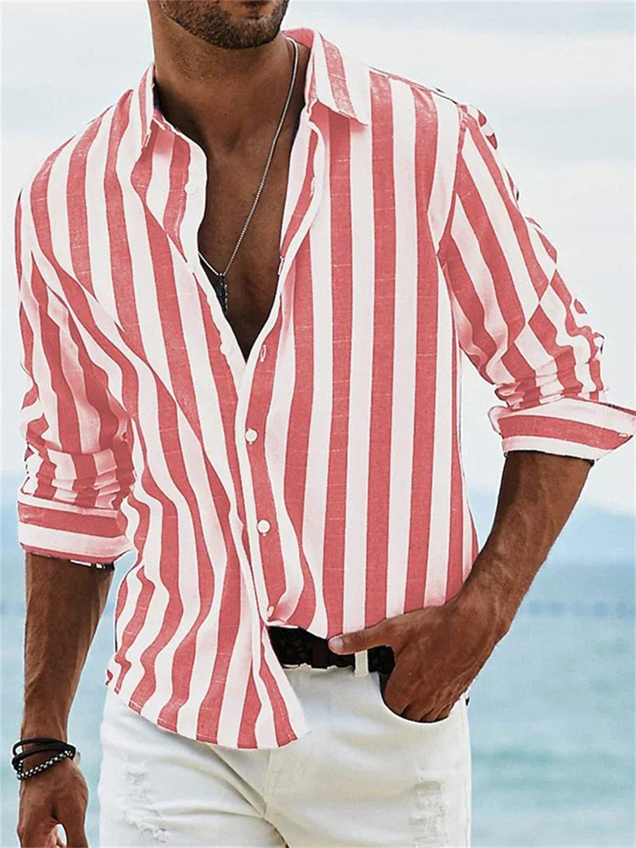 Chemise rayée légère d'été Leblanc™ de Danoir Paris, tissu fluide et confortable, motif rose visible sur l'image.