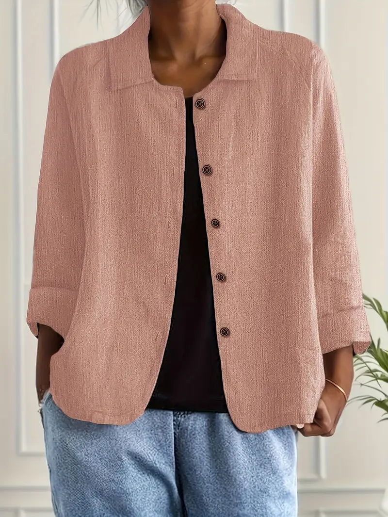 Haut léger classique Mira de Danoir Paris en rose, vue de face, tissu fluide et style élégant pour femme.