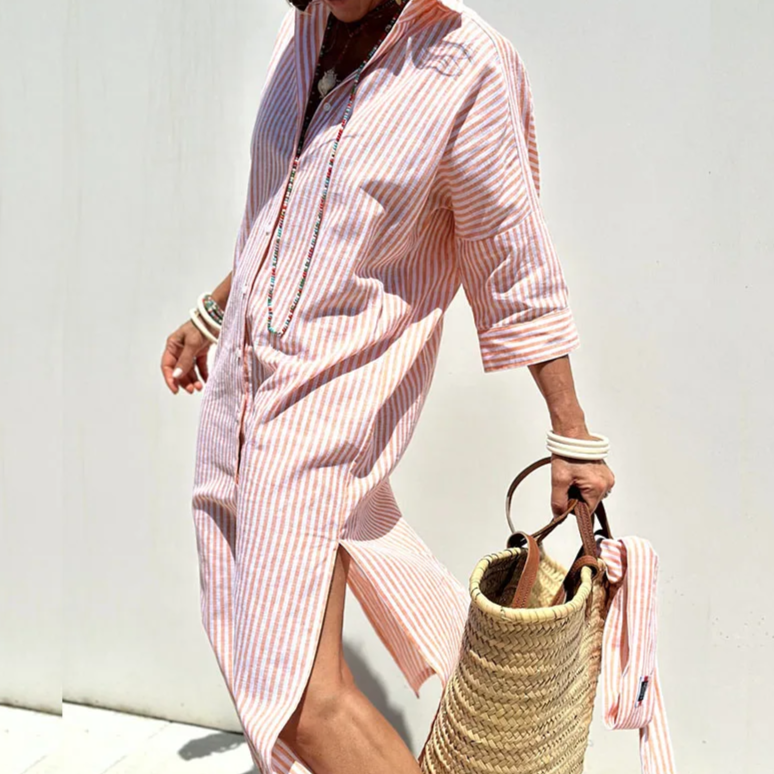 Robe chemise élégante Danoir Paris Paloma en tissu rose avec ceinture, style chic et féminin.