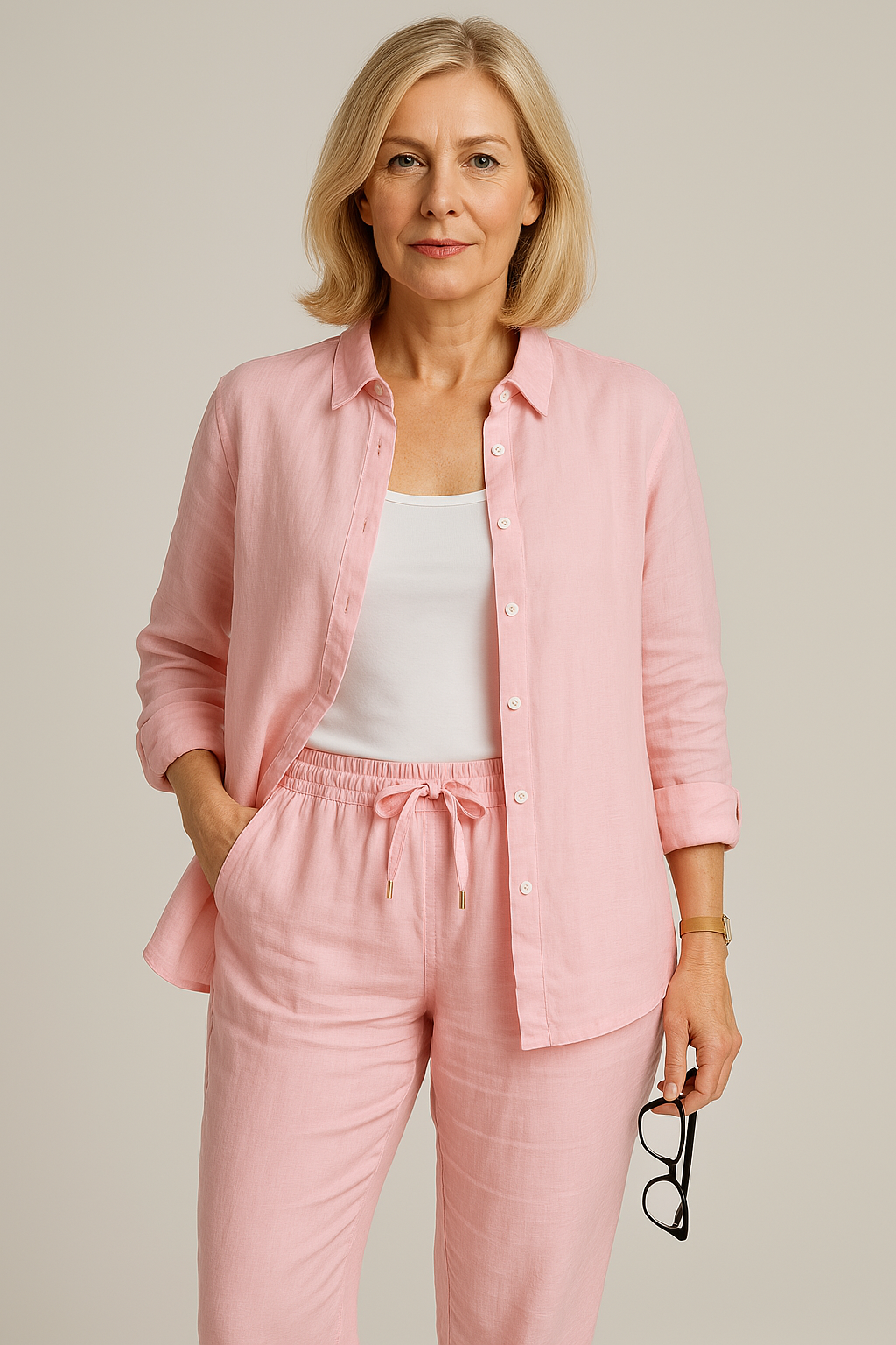Ensemble décontracté chic Perriane de Danoir Paris, rose, veste et pantalon élégants pour un style sophistiqué et confortable.